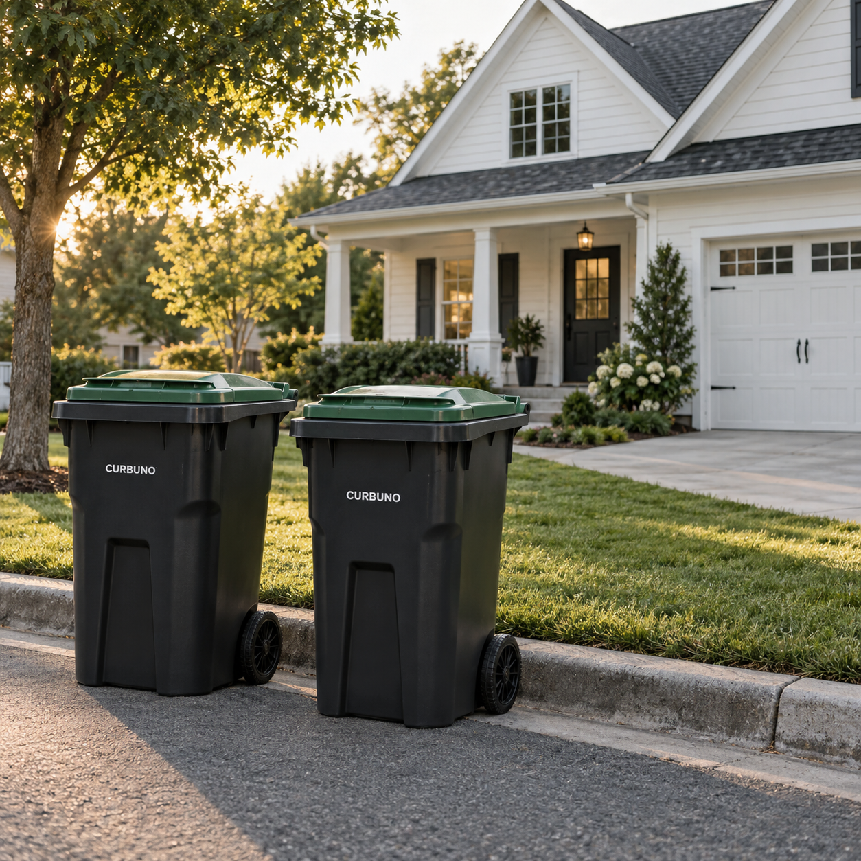 Two charcoal trash carts with green lids and small Curbuno decals at the curb outside a white suburban home